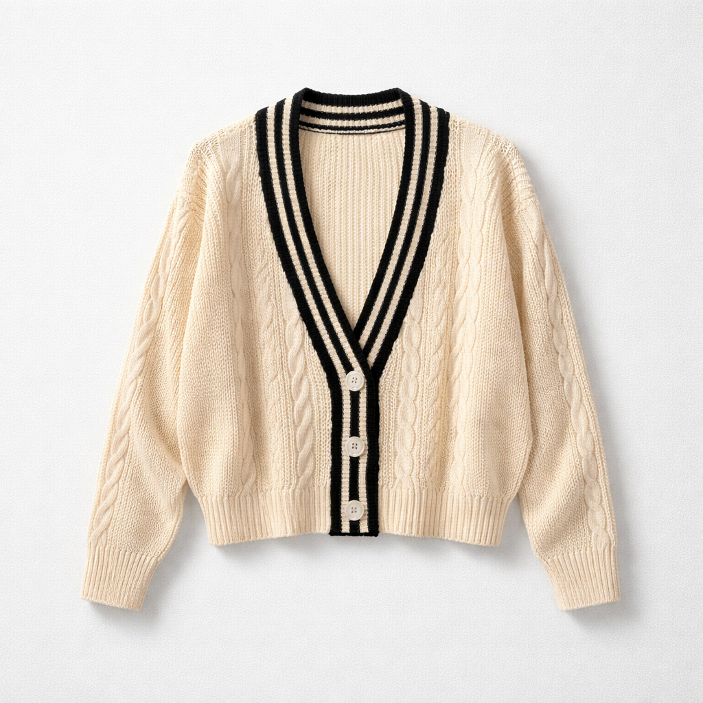 Cardigan Panna Scollo a V con Bordi Neri - immagine 2