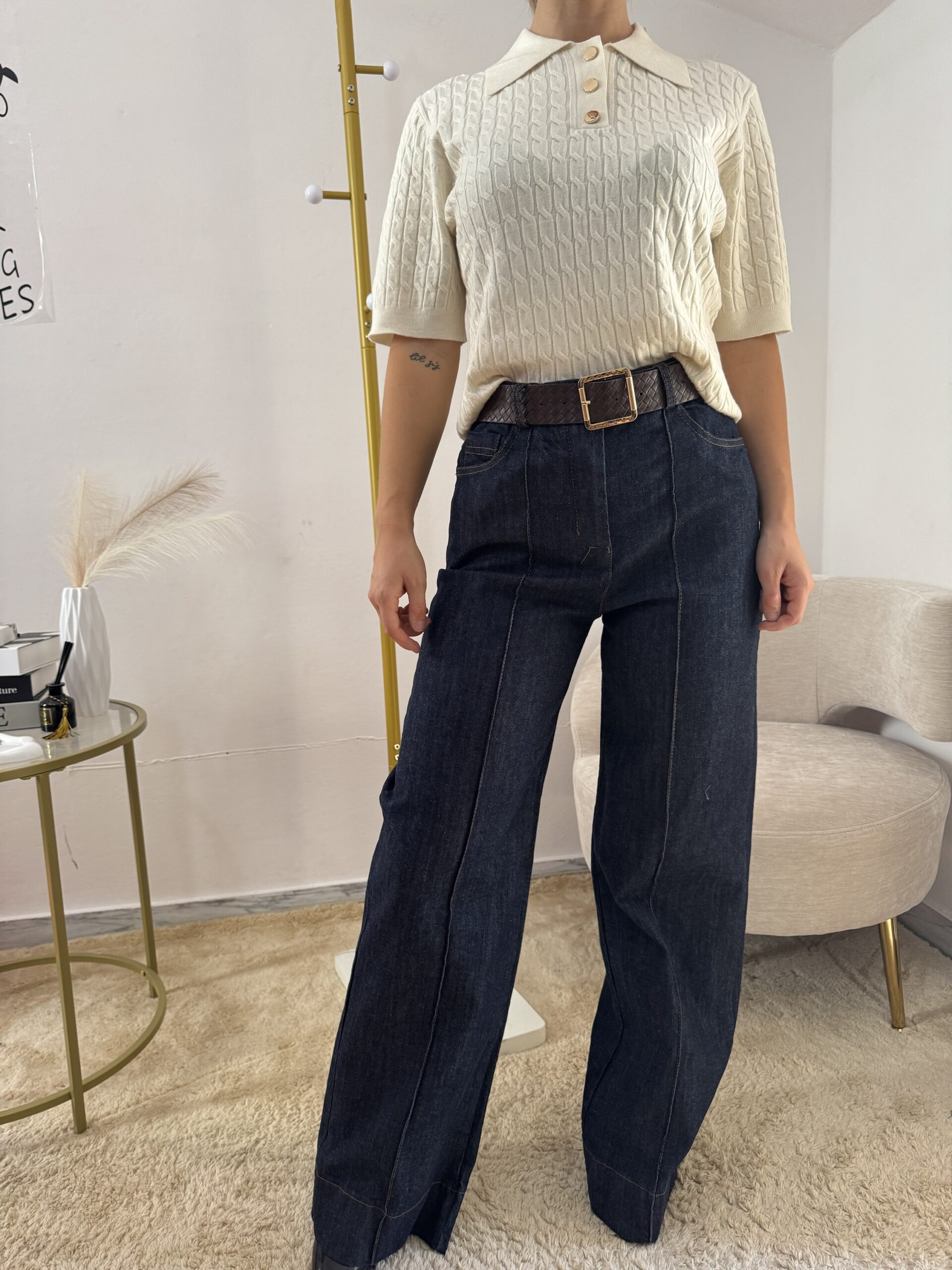 Jeans Wide Leg Blu Scuro con Cuciture a Contrasto e cintura - immagine 3