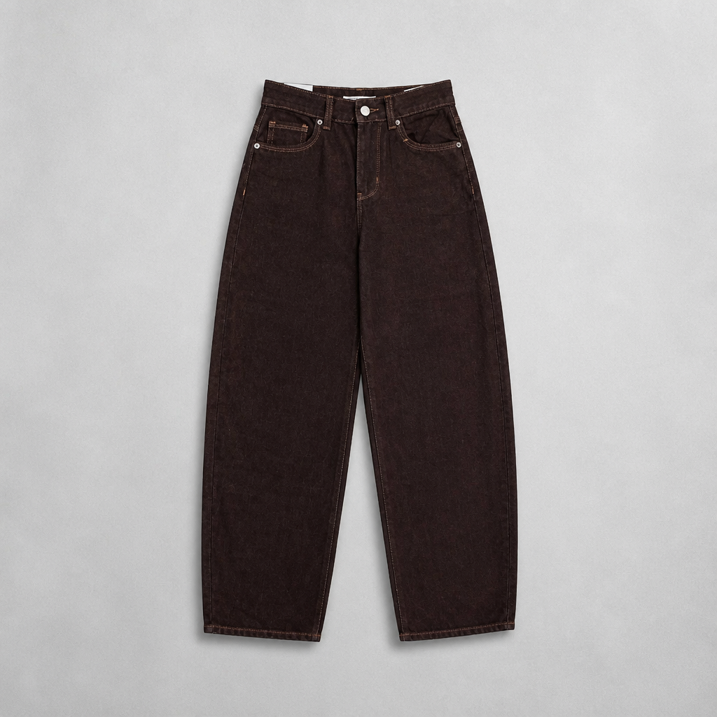 Jeans Barrel Leg a Vita Alta Marrone Cioccolato –