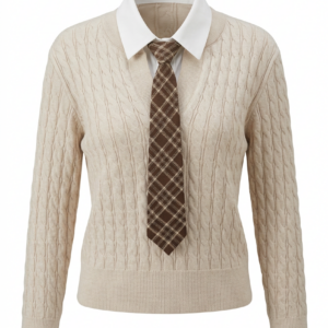 Maglione Donna Scollo a V con Colletto e Cravatta Tartan Stile Collegiale