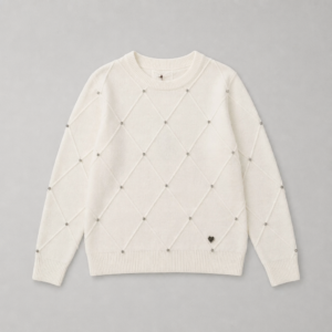 Maglione Donna Bianco con Rombi in Rilievo, Strass e Cuore