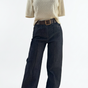 Jeans Wide Leg Blu Scuro con Cuciture a Contrasto e cintura