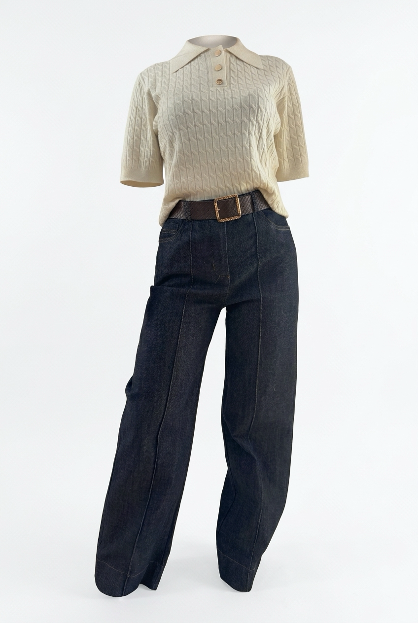 Jeans Wide Leg Blu Scuro con Cuciture a Contrasto e cintura