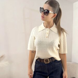 Polo in Maglia a Trecce con Colletto e Bottoni Gioiello