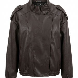 Giacca Corta in Ecopelle Marrone con Collo Alto e Stile Biker