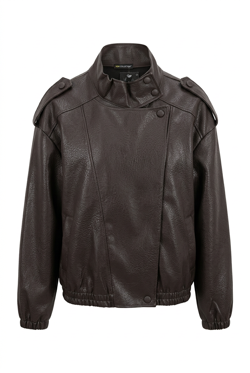 Giacca Corta in Ecopelle Marrone con Collo Alto e Stile Biker