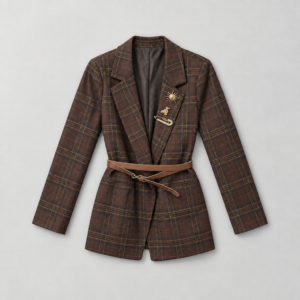Blazer Tartan Marrone con Cintura e Spilloni Gioiello