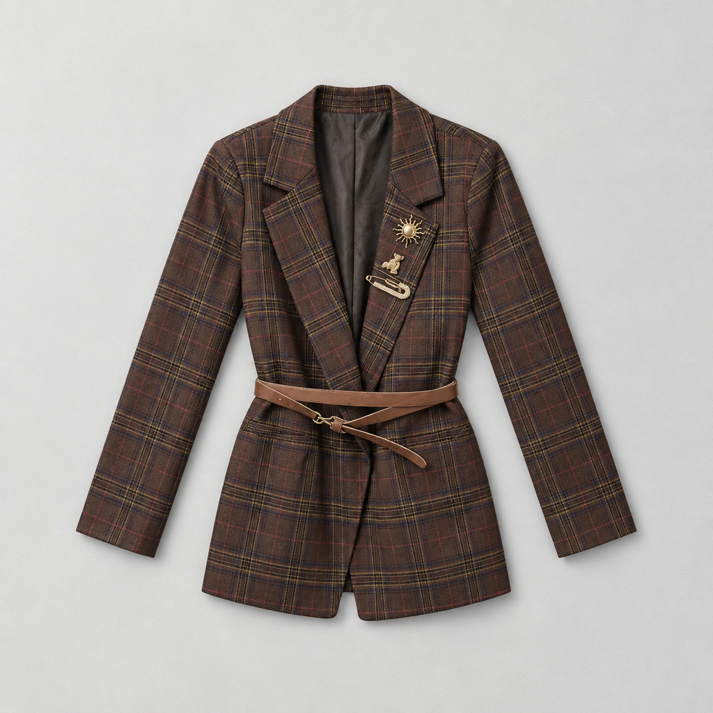 Blazer Tartan Marrone con Cintura e Spilloni Gioiello