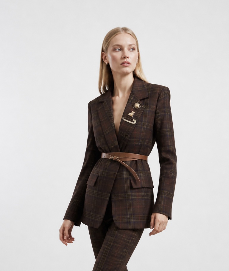 Blazer Tartan Marrone con Cintura e Spilloni Gioiello - immagine 3