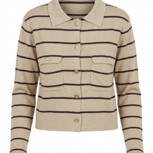 Cardigan Corto a Righe con Colletto e Taschini – Beige e marrone scuro