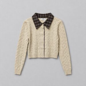 Cardigan in Maglia a Trecce con Colletto Scozzese a Contrasto – Beige