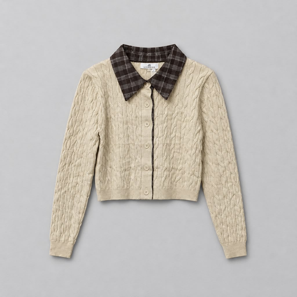 Cardigan in Maglia a Trecce con Colletto Scozzese a Contrasto – Beige