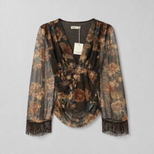 Blusa Boho-Chic Floral in Tulle con Frange e Scollo a V