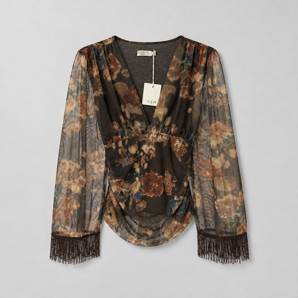 Blusa Boho-Chic Floral in Tulle con Frange e Scollo a V