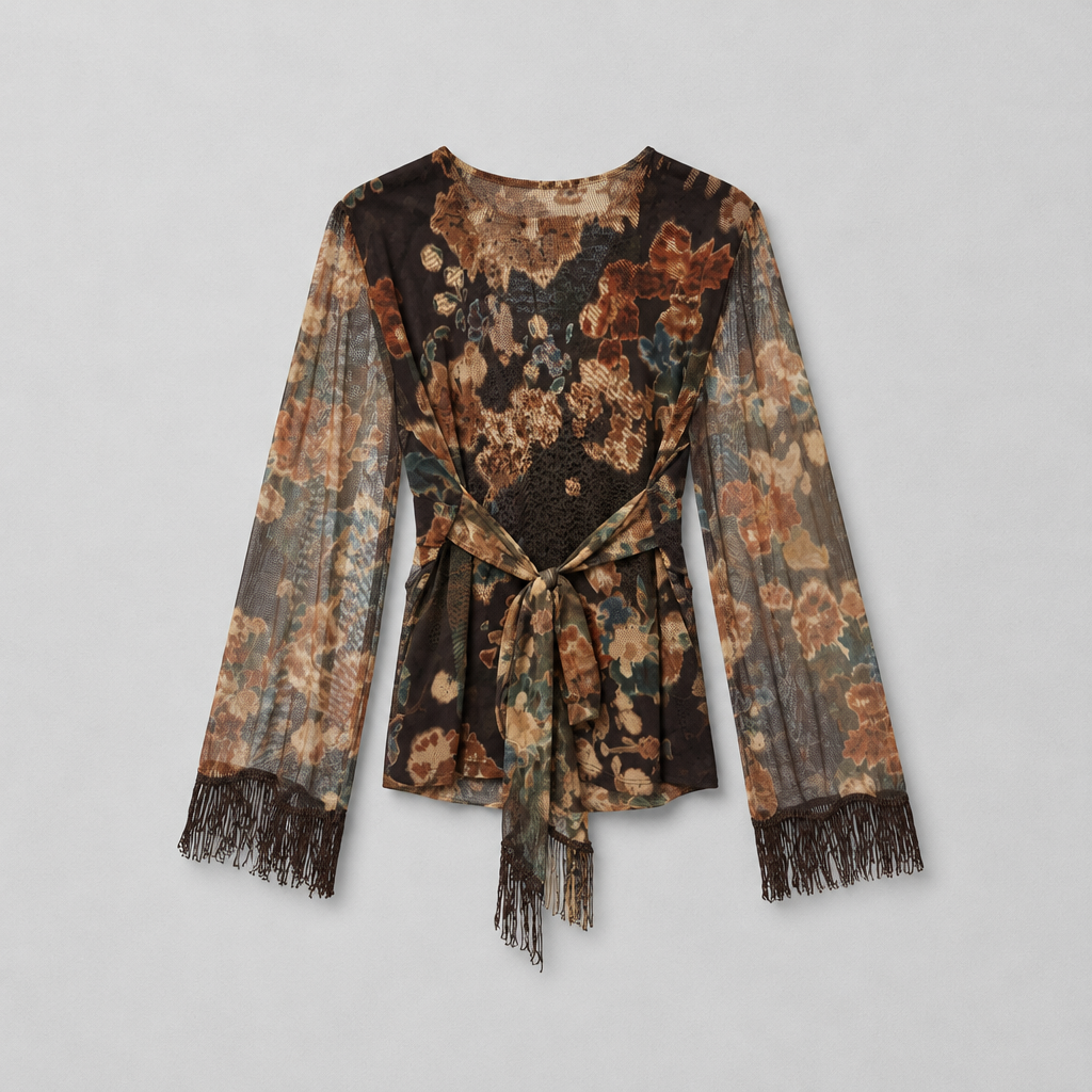 Blusa Boho-Chic Floral in Tulle con Frange e Scollo a V - immagine 3