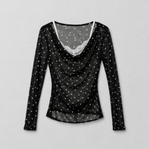 Maglia Semitrasparente a Pois con Scollo Drappeggiato e Dettaglio In pizzo