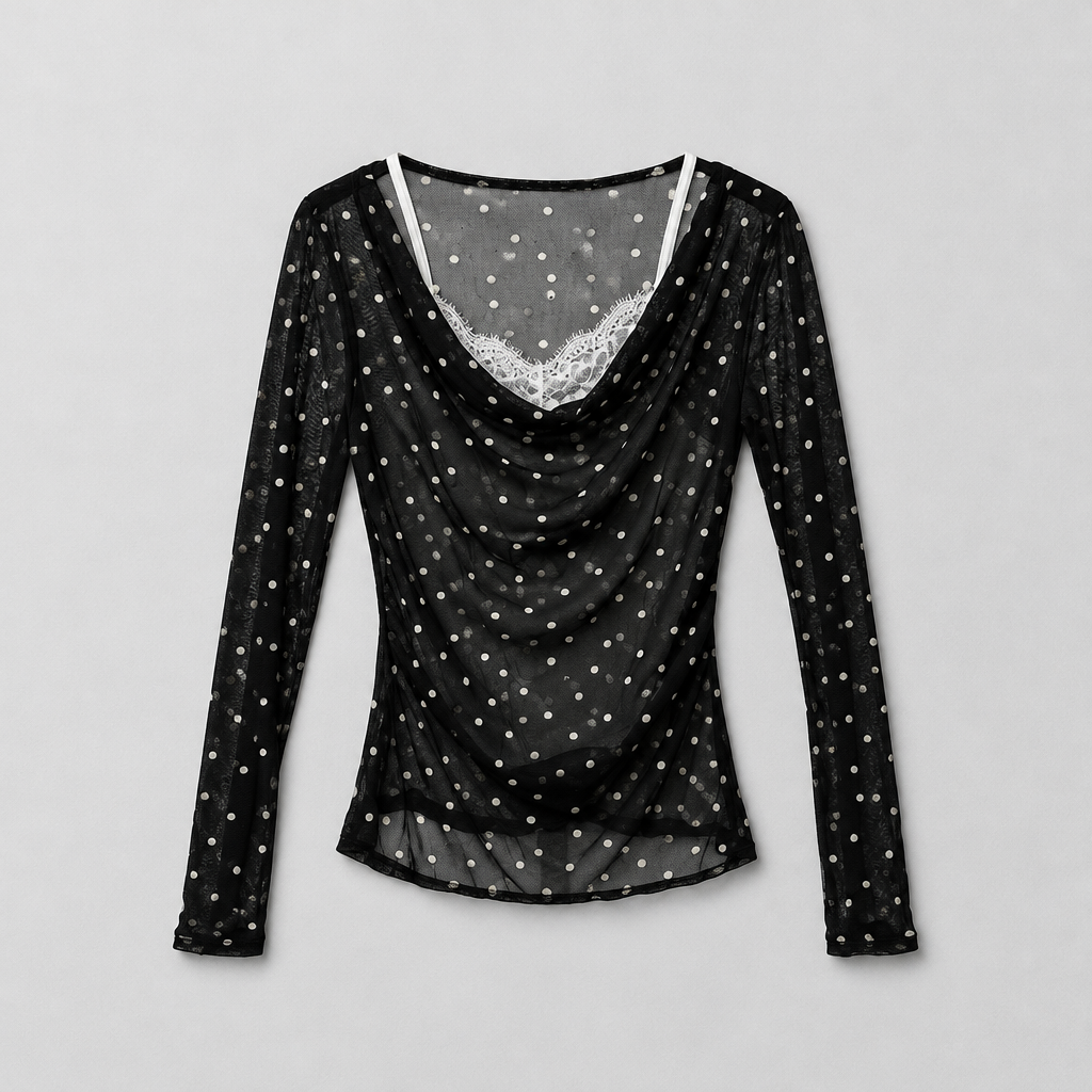 Maglia Semitrasparente a Pois con Scollo Drappeggiato e Dettaglio In pizzo
