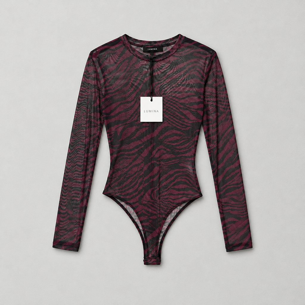 Body a Maniche Lunghe Tulle Zebrato Bordeaux – LUMINA