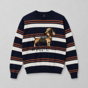 Maglione Girocollo a Righe con Ricamo Bassotto Explorer