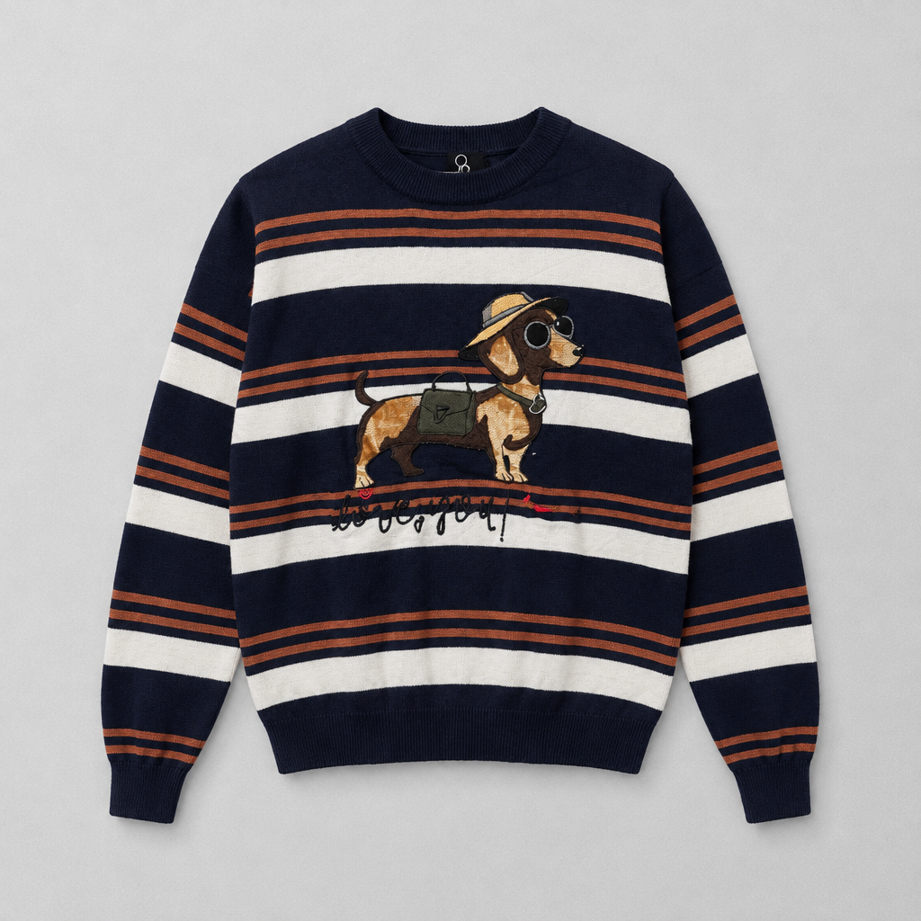 Maglione Girocollo a Righe con Ricamo Bassotto Explorer