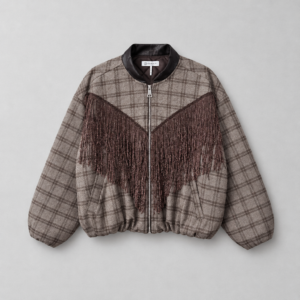 Giacca Bomber Oversize a Quadri con Frange Stile Western
