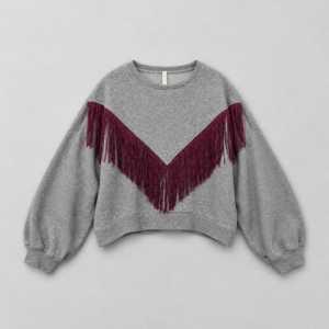 Felpa Donna Over con Frange Style Western – Grigio Melange & Bordeaux