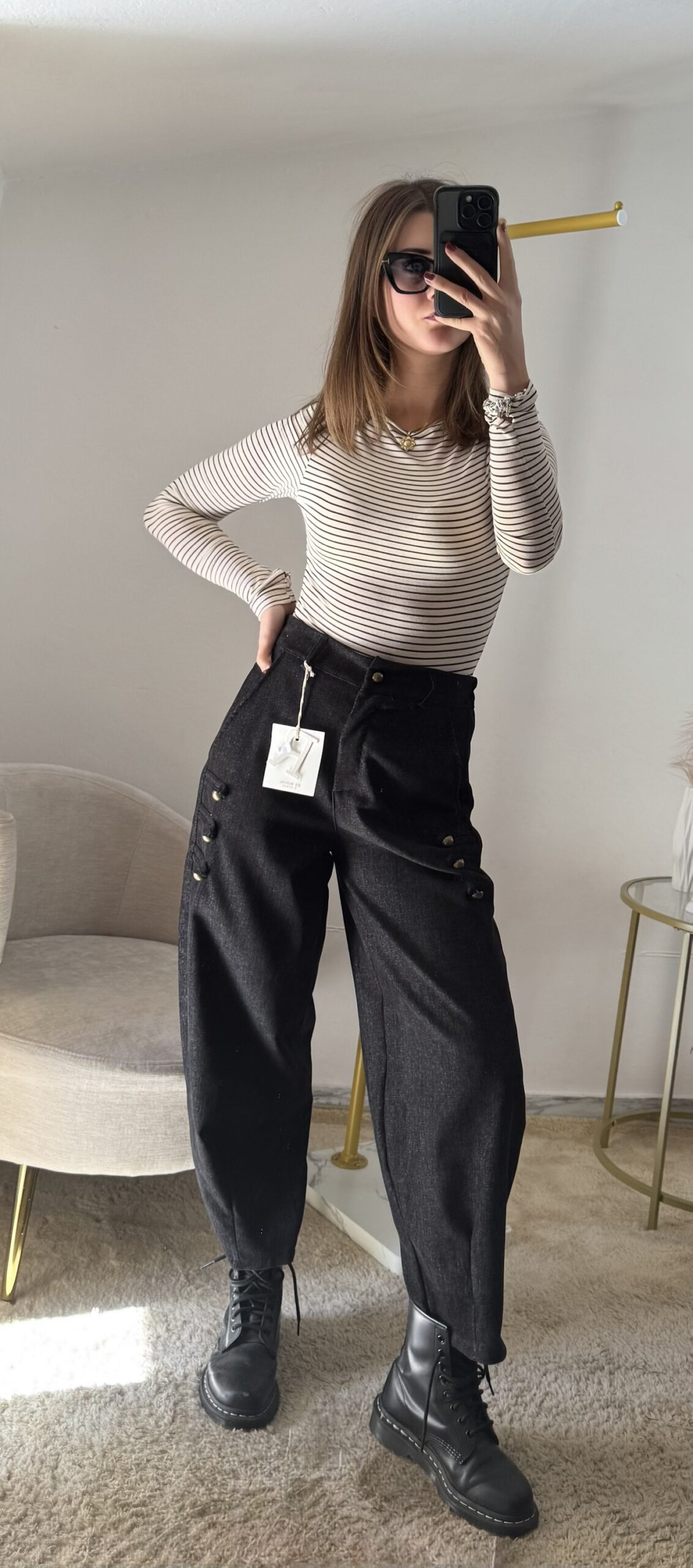 Pantaloni Crossover con Bottoni Dorati Stile Militare – Grigio Antracite Effetto Melange - immagine 2