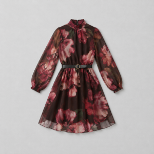 Abito Corto in Chiffon Floreale con Collo Alto e Cintura