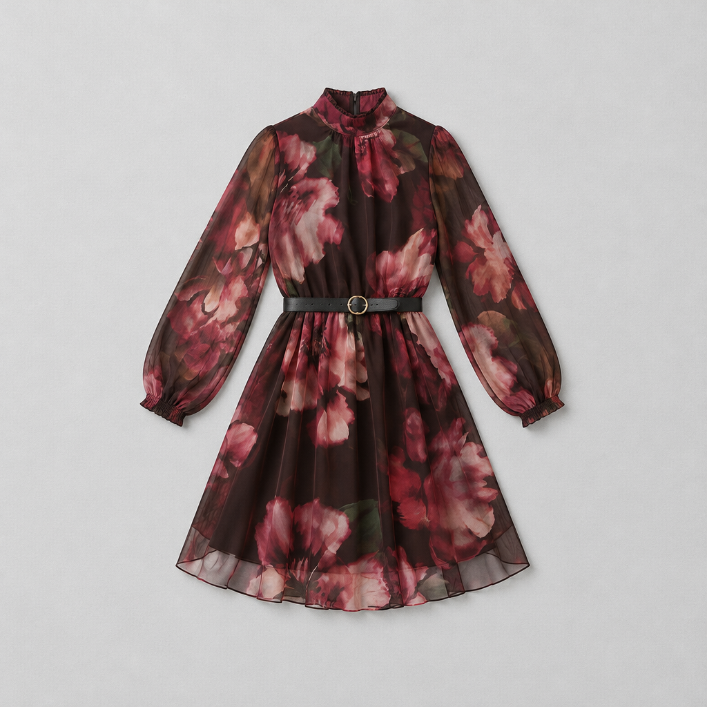 Abito Corto in Chiffon Floreale con Collo Alto e Cintura