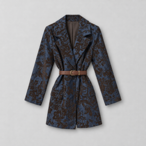 Giacca Effetto Denim con Motivo Floreale e Cintura