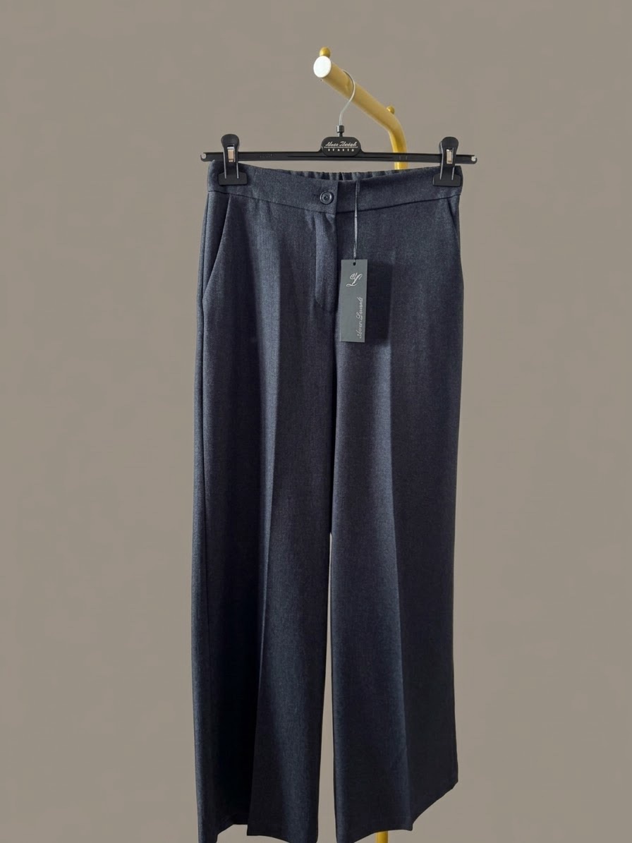 Pantalone Sartoriale Wide-Leg Blu navy fiammato Vita Alta